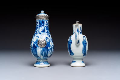 Five Chinese blue and white wares, three silver-mounted, Kangxi