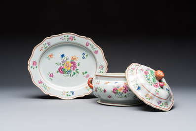 A Chinese famille rose covered tureen and stand with floral design, Qianlong