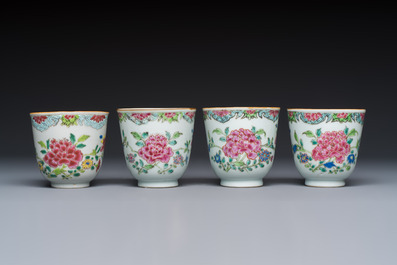 Eight sets of Chinese famille rose cups and saucers with floral design, Qianlong