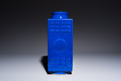 A large Chinese blue-glazed 'Cong' vase with trigrams, 19th C.