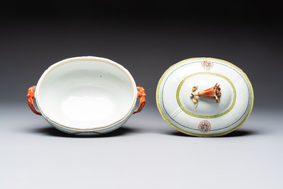 A Chinese famille rose serving dish, a covered tureen and stand with the arms of Peter van Hemert for the Danish market, Qianlong, ca. 1780