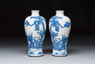 A pair of Chinese blue and white 'Meiping' vases with figures and a poem, signed Xu Banqiu 徐半秋, Kangxi mark, 19th C.