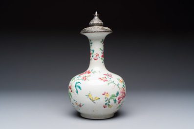 A silver-mounted Chinese famille rose kendi with floral design, Qianlong