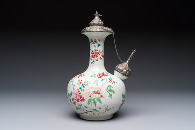 A silver-mounted Chinese famille rose kendi with floral design, Qianlong