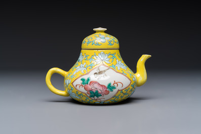 Three Chinese famille rose blue- and yellow-ground teapots and covers for the Straits or Peranakan market, Tongzhi marks, 19th C.