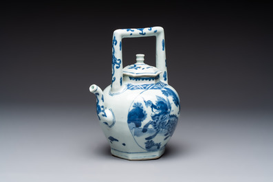 A Chinese blue and white 'Mythical Beasts' wine pot and cover, Transitional period