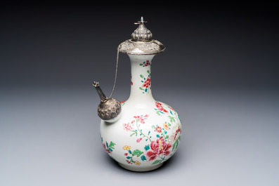 A silver-mounted Chinese famille rose kendi with floral design, Qianlong