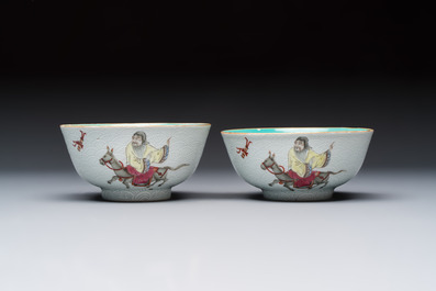 A pair of Chinese famille rose sgraffiato-ground 'Zhang Guolao' bowls, Daoguang mark and of the period