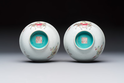 A pair of Chinese famille rose sgraffiato-ground 'Zhang Guolao' bowls, Daoguang mark and of the period
