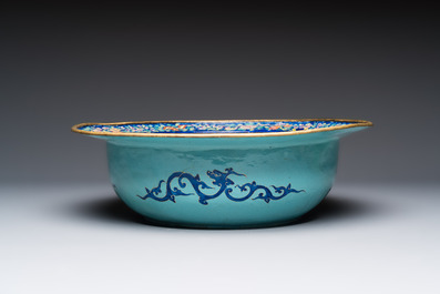 A large Chinese Canton enamel basin and jug with narrative design, early 19th C.