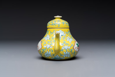 Three Chinese famille rose blue- and yellow-ground teapots and covers for the Straits or Peranakan market, Tongzhi marks, 19th C.