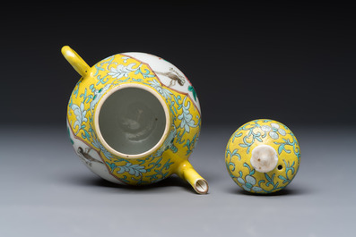 Three Chinese famille rose blue- and yellow-ground teapots and covers for the Straits or Peranakan market, Tongzhi marks, 19th C.