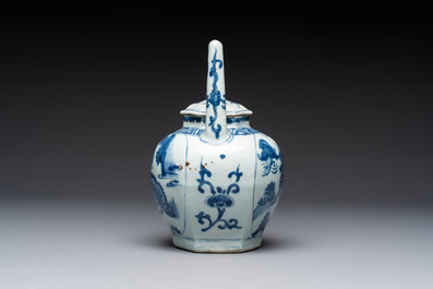 A Chinese blue and white 'Mythical Beasts' wine pot and cover, Transitional period