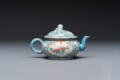Three Chinese famille rose blue- and yellow-ground teapots and covers for the Straits or Peranakan market, Tongzhi marks, 19th C.