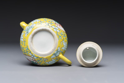 Three Chinese famille rose blue- and yellow-ground teapots and covers for the Straits or Peranakan market, Tongzhi marks, 19th C.