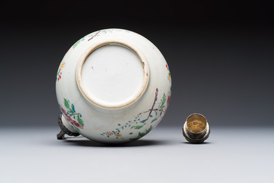 A silver-mounted Chinese famille rose kendi with floral design, Qianlong