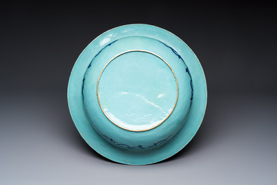 A large Chinese Canton enamel basin and jug with narrative design, early 19th C.