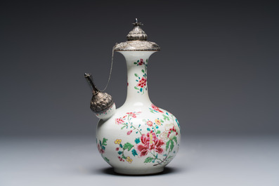 A silver-mounted Chinese famille rose kendi with floral design, Qianlong