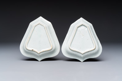 A pair of Chinese blue and white 'Rider on Horseback' sweetmeat dishes, Kangxi
