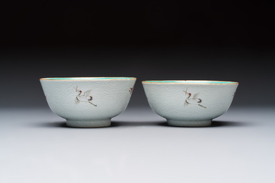 A pair of Chinese famille rose sgraffiato-ground 'Zhang Guolao' bowls, Daoguang mark and of the period