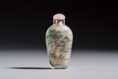 A Chinese inside-painted glass snuff bottle with two men wearing straw raincoats, dated 1911