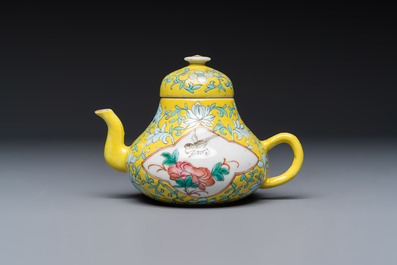 Three Chinese famille rose blue- and yellow-ground teapots and covers for the Straits or Peranakan market, Tongzhi marks, 19th C.