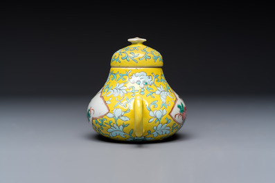 Three Chinese famille rose blue- and yellow-ground teapots and covers for the Straits or Peranakan market, Tongzhi marks, 19th C.
