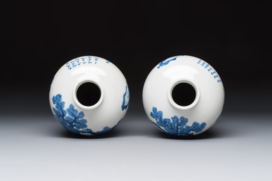 A pair of Chinese blue and white 'Meiping' vases with figures and a poem, signed Xu Banqiu 徐半秋, Kangxi mark, 19th C.