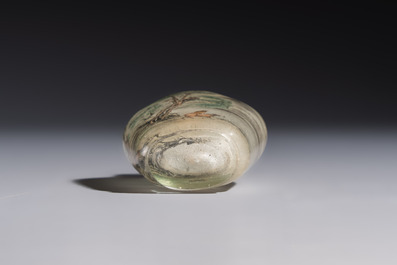 A Chinese inside-painted glass snuff bottle with two men wearing straw raincoats, dated 1911