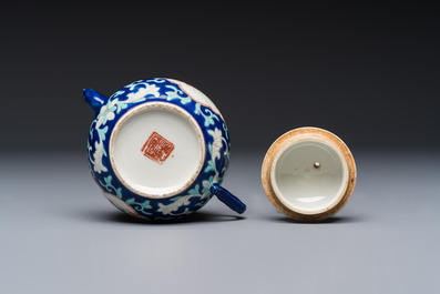 Three Chinese famille rose blue- and yellow-ground teapots and covers for the Straits or Peranakan market, Tongzhi marks, 19th C.