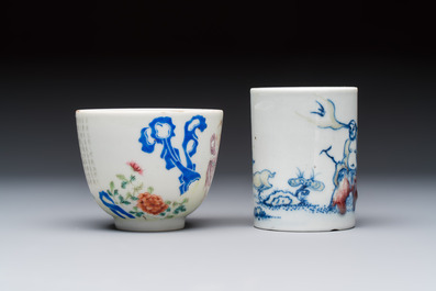 A Chinese famille rose 'Chicken' cup and a blue, white, and copper-red 'Li Tieguai' brush pot, Qianlong mark, 20th C.