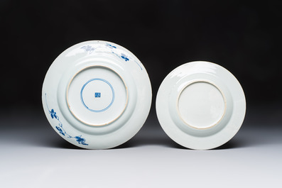 A Chinese blue and white dish with floral design and a famille rose 'HeHe Erxian' plate, Kangxi/Yongzheng
