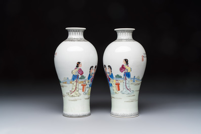 A pair of Chinese famille rose 'Meiping' vases with elegant beauties in a garden, Qianlong mark, 20th C.
