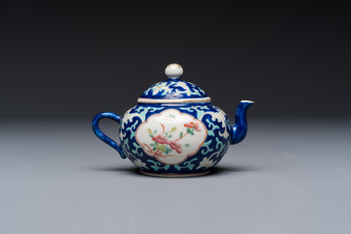Three Chinese famille rose blue- and yellow-ground teapots and covers for the Straits or Peranakan market, Tongzhi marks, 19th C.
