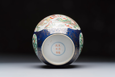 A Chinese famille verte gilt-decorated blue-ground 'Dragon and Phoenix' vase, Kangxi mark, 19th C.