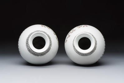 A pair of Chinese famille rose 'Meiping' vases with elegant beauties in a garden, Qianlong mark, 20th C.