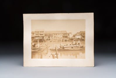 Five photographs of Saigon, depicting street views, figures and river scenes, late 19/early 20th C.