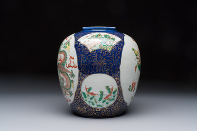 A Chinese famille verte gilt-decorated blue-ground 'Dragon and Phoenix' vase, Kangxi mark, 19th C.