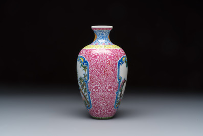 A Chinese falangcai 'Birds among Flowering Branches' vase, Qianlong mark, Republic