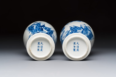A pair of Chinese blue and white 'Meiping' vases with figures and a poem, signed Xu Banqiu 徐半秋, Kangxi mark, 19th C.