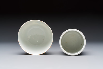 A Chinese famille rose 'Chicken' cup and a blue, white, and copper-red 'Li Tieguai' brush pot, Qianlong mark, 20th C.