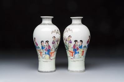 A pair of Chinese famille rose 'Meiping' vases with elegant beauties in a garden, Qianlong mark, 20th C.