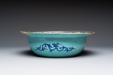 A large Chinese Canton enamel basin and jug with narrative design, early 19th C.