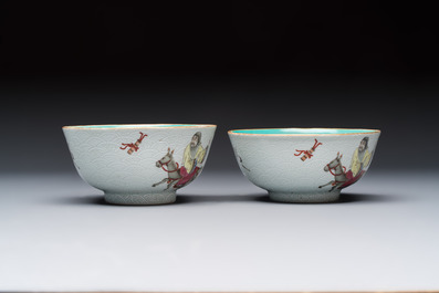A pair of Chinese famille rose sgraffiato-ground 'Zhang Guolao' bowls, Daoguang mark and of the period