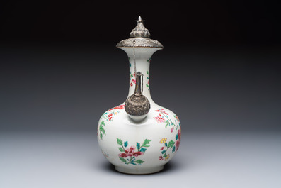 A silver-mounted Chinese famille rose kendi with floral design, Qianlong