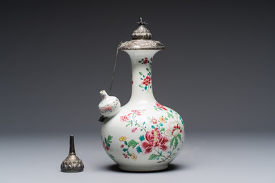 A silver-mounted Chinese famille rose kendi with floral design, Qianlong