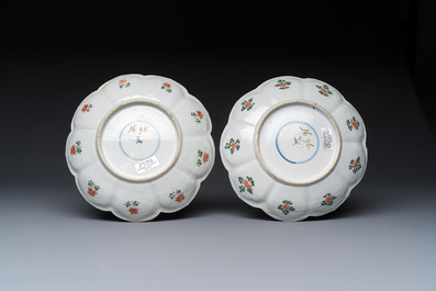 Two Chinese famille verte lotus-shaped plates, Johanneum mark, ex-collection of August the Strong, Kangxi