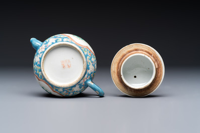 Three Chinese famille rose blue- and yellow-ground teapots and covers for the Straits or Peranakan market, Tongzhi marks, 19th C.