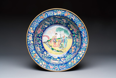 A large Chinese Canton enamel basin and jug with narrative design, early 19th C.