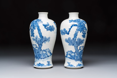 A pair of Chinese blue and white 'Meiping' vases with figures and a poem, signed Xu Banqiu 徐半秋, Kangxi mark, 19th C.